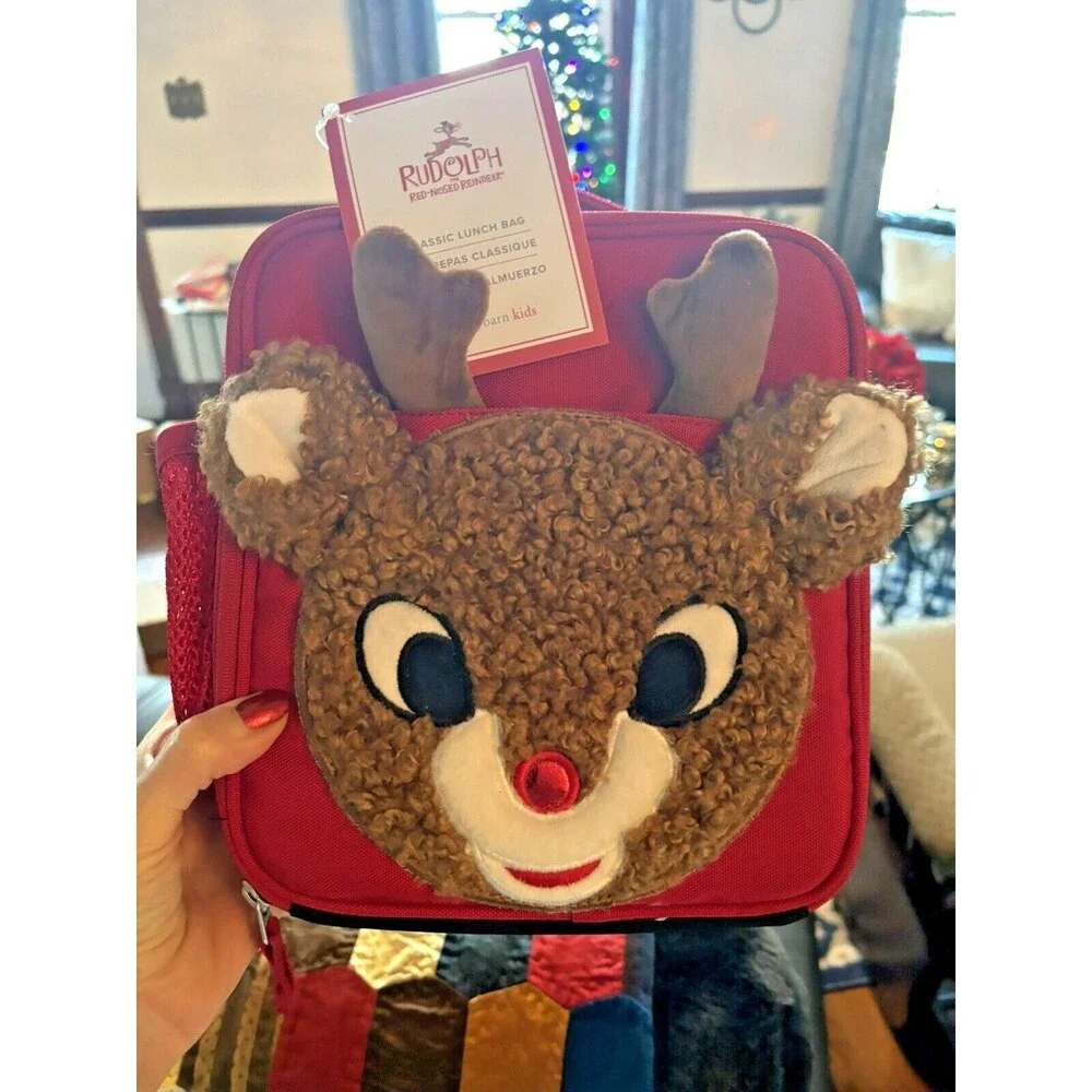 School Pottery barn Christmas holiday RUDOLPH LUNCH BOX BAG+Utensil gift pre /